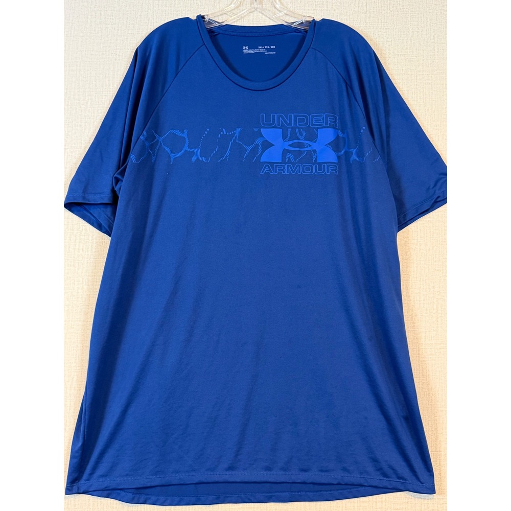 Under Armour HeatGear Mens XXL Royal Blue Short Sleeve Graphic Logo Shirt Loose